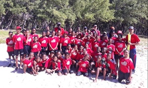 Group photo in Rodrigues of beach soccer players